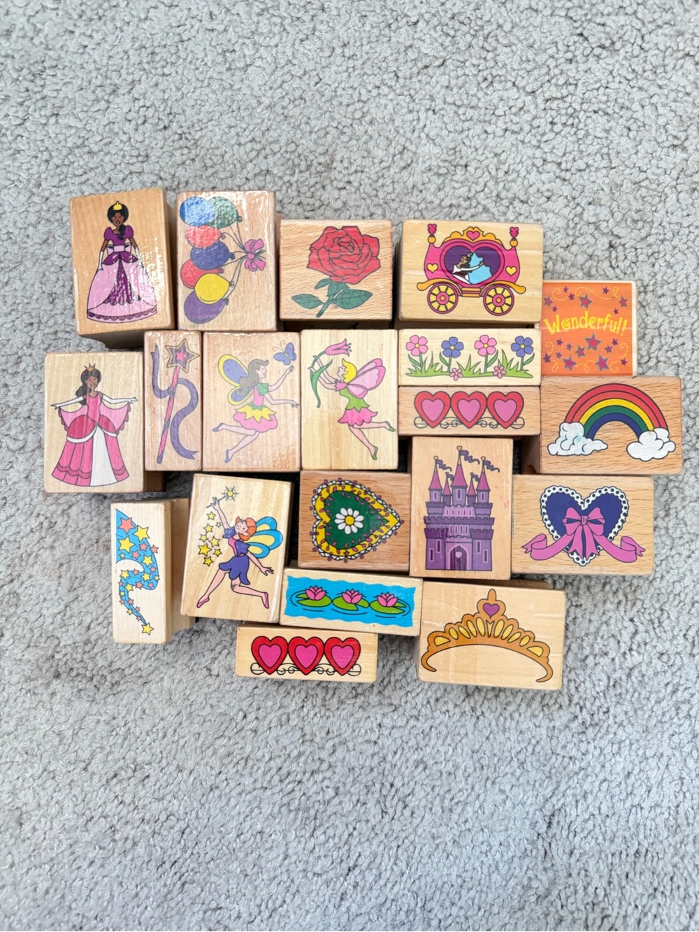 Wooden stamp set with fairy, princess, and whimsical designs